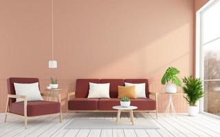 sala de estar minimalista con sofá y sillón, pared de color naranja claro y suelo de madera blanca. representación 3d foto