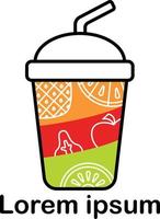 un logotipo de jugo con una forma hecha de una combinación de vasos de jugo y jugos de frutas de varios colores.
