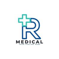 Letter R cross plus logo. Linear Style. Usable for Business, Science, Healthcare, Medical, Hospital and Nature Logos. vector