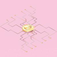 Golden bitcoin digital currency on circuit board, vector