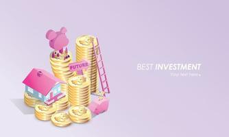 Bitcoin for investment concept with home , stair, piggy bank savings vector