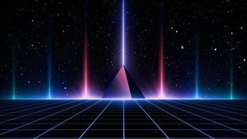 Retro style 80s Sci-Fi Background Futuristic with laser grid landscape. Digital cyber surface style of the 1980s. photo