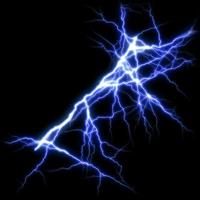 Blue Lightning flash Thunderbolt isolated on black background. photo
