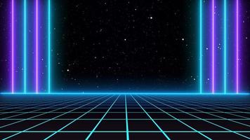 Retro style 80s Sci-Fi Background Futuristic with laser grid landscape. Digital cyber surface style of the 1980s.