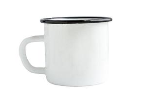 White blank Enamel Mug Mock-up isolated on white background. Blank cup for branding. High-resolution photo. photo