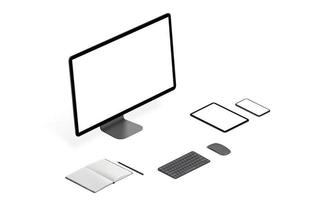 Responsive devices mockup on white desk isolated. Mockups isometric perspective photo