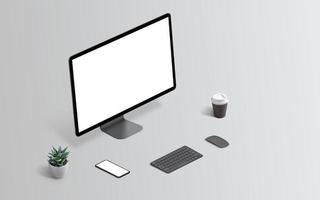 Computer display mockup on gray surface isometric position. Smart phone mockup on desk, keyboard, mouse, coffee and plant beside. Copy space photo