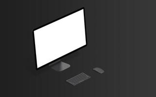 Dark isometric computer display mockup. Isolated display in white for project showcase. Keyboard and mouse on black desk
