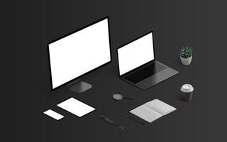 Isometric dark device mockup template for responsive design showcase. Computer display, laptop, tablet and smart phone on black desk. Pad, pen, plant, coffee, wathc beside photo