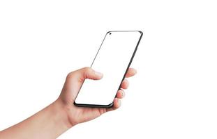 Phone in woman hand with isolated screen and background for app presentation. Close-up side view photo