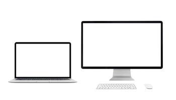 portátil y pantalla de ordenador aislados en blanco con pantalla en blanco para maqueta, promoción de diseño foto