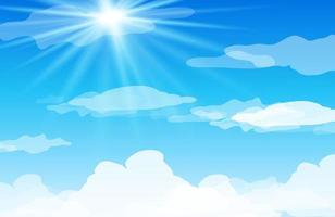 Sun and clouds in bright blue sky vector