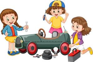 Children repairing a car together vector