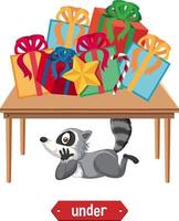 Preposition wordcard with raccoon under table vector