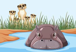 Forest scene with hippopotamus in the water vector