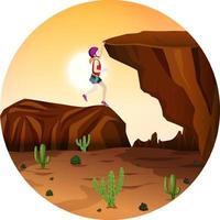 Scene with people climbing rocky moutain on circle artboard vector