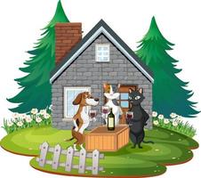 Dog and cat party in front of house on white background vector