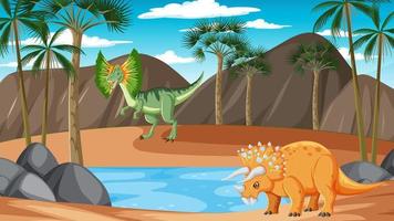 escena de la naturaleza con plam y dinosaurio vector