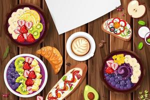 Top view Acai food bowl and placemat on wood table
