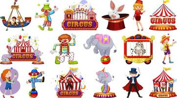 conjunto de personajes de circo y elementos del parque de atracciones. vector