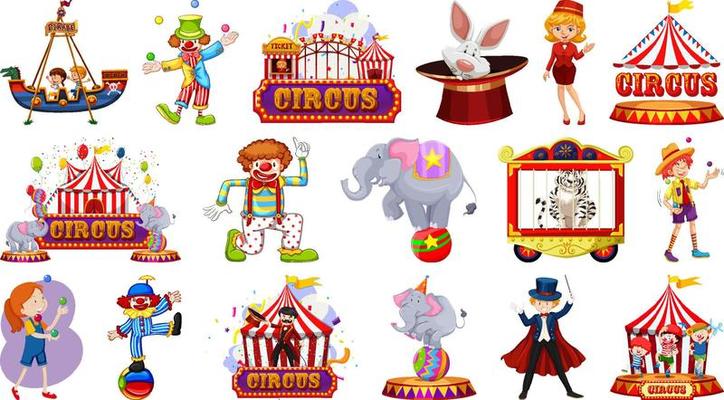 Set of circus characters and amusement park elements