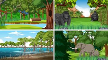 cuatro escenas con animales salvajes en el bosque vector