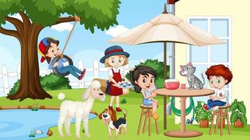 Scene of backyard with kids and fence vector