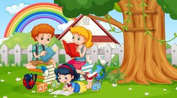 Children reading books in park background vector