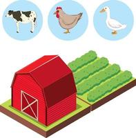 granja de granero rojo isométrica con iconos de animales vector