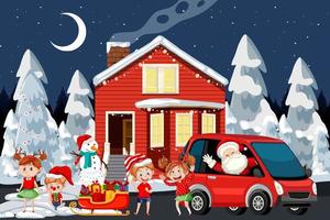 Christmas winter scene with Santa Claus and children vector