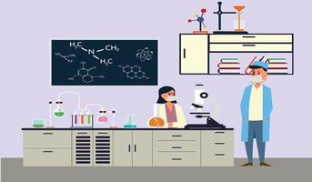 Scientists in lab. People in white coat, chemical researchers with laboratory equipment. Drug development cartoon vector concept. Illustration of scientist in laboratory, science experiment in lab