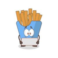 ilustración vectorial de una linda mascota de papas fritas sosteniendo un tablero, diseño adecuado para comida chatarra o mascota de comida rápida vector