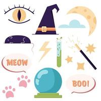 A set of icons with occult objects and symbols, an all-seeing eye, a witchs hat, a test tube with a potion and other mystical things. Mysticism, Halloween set, spiritualism, magic vector