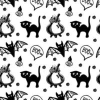 Seamless background with Halloween elements drawn in doodle style. Cute black cats, bats, and potion cauldrons. Monogamous Halloween background. vector