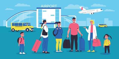 Tourists With Baggage In Airport Field vector