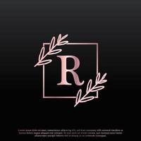 Elegant R Letter Square Floral Logo with Creative Elegant Leaf Monogram Branch Line and Pink Black Color. Usable for Business, Fashion, Cosmetics, Spa, Science, Medical and Nature Logos. vector