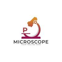 logotipo de laboratorio. letra inicial p elemento de plantilla de diseño de logotipo de microscopio. vector