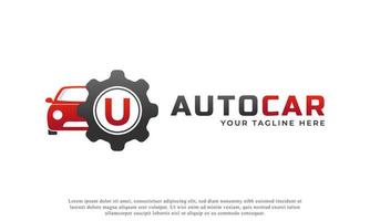 letra u con vector de mantenimiento de coche. concepto de diseño de logotipo automotriz de vehículo deportivo.