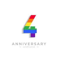 Celebración del aniversario de 4 años con el color del arco iris para el evento de celebración, la boda, la tarjeta de felicitación y la invitación aislada en el fondo blanco vector