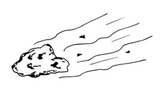 Simple hand-drawn ink vector sketch. Asteroid flying at speed, meteorite. Cosmic phenomenon, danger, threat, planet.