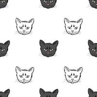 patrón transparente de vector simple dibujado a mano. linda caricatura de un gato negro, contorno de la boca sobre un fondo blanco. para estampados de ropa infantil, camisetas, productos textiles. mascota favorita.