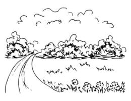 Hand-drawn simple vector sketch with black outline. Suburban landscape, rural road, grass and flowers in the foreground, bushes, meadow, trees on the horizon, clouds.