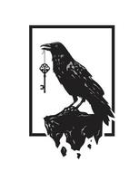 Black raven carries the key in the beak vector