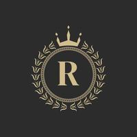 Initial Letter R Heraldic Royal Frame with Crown and Laurel Wreath. Simple Classic Emblem. Round Composition. Graphics Style. Art Elements for Logo Design Vector Illustration