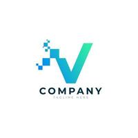 Tech Letter V Logo. Blue and Green Geometric Shape with Square Pixel Dots. Usable for Business and Technology Logos. Design Ideas Template Element. vector