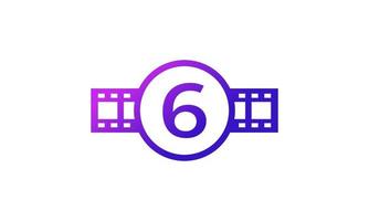 Number 6 Circle with Reel Stripes Filmstrip for Film Movie Cinema Production Studio Logo Inspiration vector