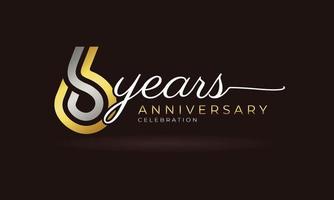 6 Year Anniversary Celebration Logotype with Linked Multiple Line Silver and Golden Color for Celebration Event, Wedding, Greeting Card, and Invitation Isolated on Dark Background vector