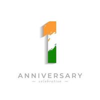 Celebración del aniversario de 1 año con barra blanca de pincel en azafrán amarillo y color verde de la bandera india. saludo de feliz aniversario celebra evento aislado sobre fondo blanco vector