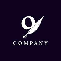 Number 9 with Feather Quill Pen Notary Writer Journalist Logo Design Inspiration vector