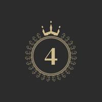 Number 4 Heraldic Royal Frame with Crown and Laurel Wreath. Simple Classic Emblem. Round Composition. Graphics Style. Art Elements for Logo Design Vector Illustration